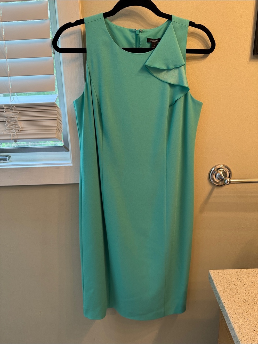 Ann Taylor Turquoise Sleeveless Shift Dress with Neck Ruffle